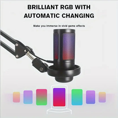USB RGB Condenser Microphone with Metal Boom Stand – Gaming & Studio Recording Desktop Mic for Esports and Calls