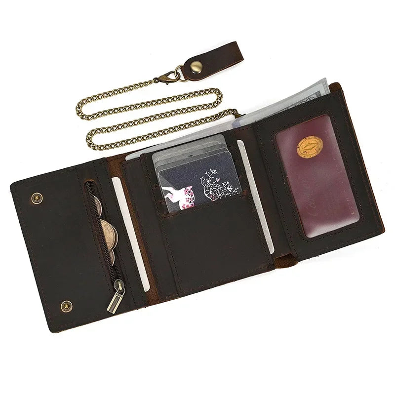 Men's Genuine Leather Short Wallet with Chain – Zipper Clutch, Trifold Purse, Card Holder & Coin Purse for Men