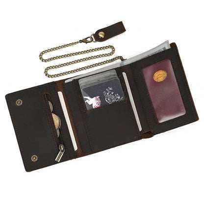 Men's Genuine Leather Short Wallet with Chain – Zipper Clutch, Trifold Purse, Card Holder & Coin Purse for Men