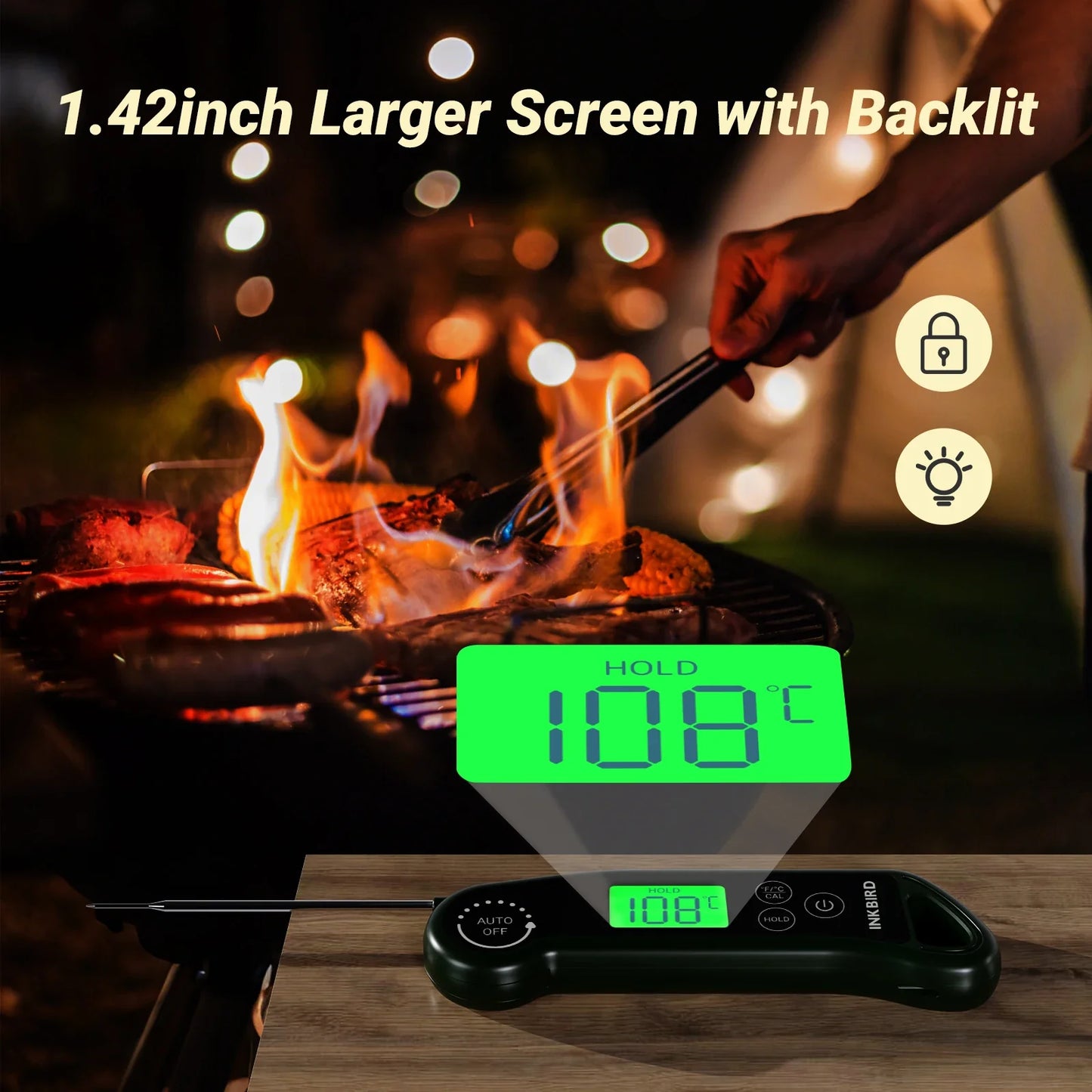 INKBIRD RHT-11K Instant Read Meat Thermometer – 0.5s Fast Response, ±0.3°C Accuracy, IPX5 Waterproof Digital BBQ Cooking & Baking Thermometer with LCD Backlight