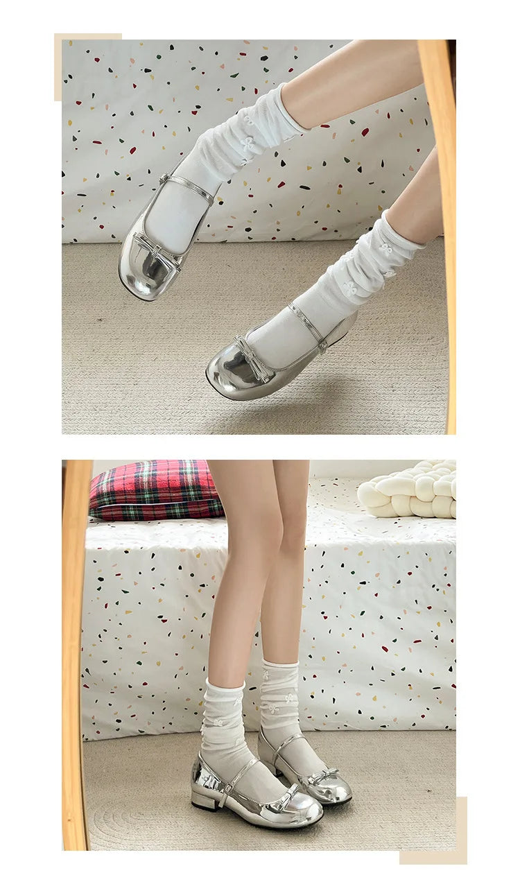 Spring Autumn Wine Red Mary Jane Shoes – Women’s Low Heel Leather Flats with Butterfly Knot & Round Toe