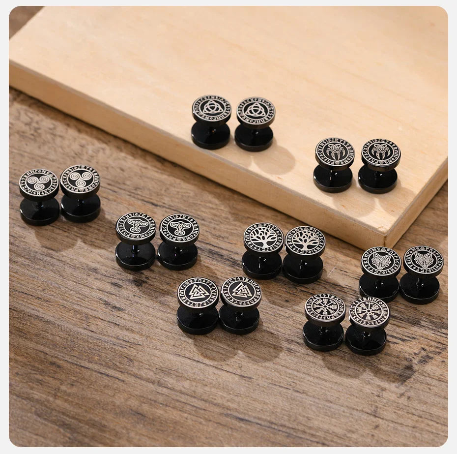 Vnox Men's Viking Black Stud Earrings - Vegvisir & Norse Valknut, Cool Punk Stainless Steel Set