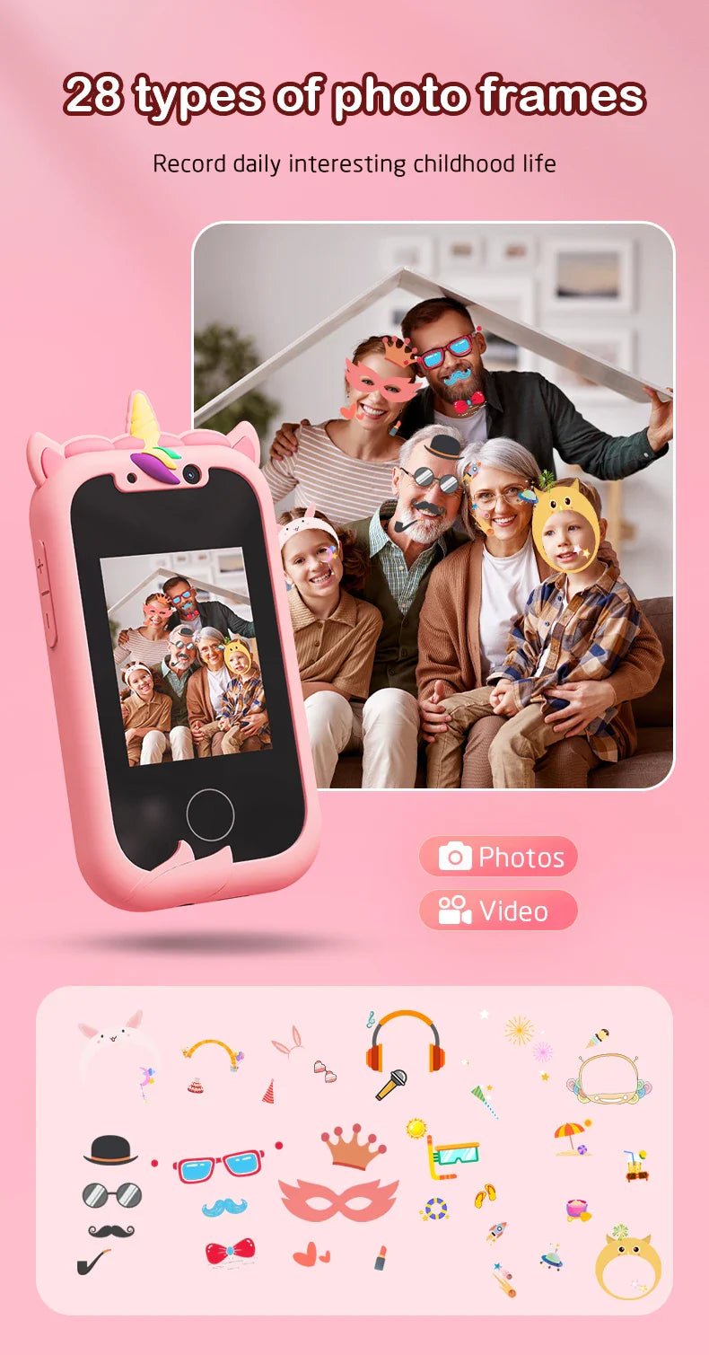 Children's Educational Phone Toy – Musical Unicorn Baby Mobile with Selfie Camera, 512MB TF Card, Birthday Gift for Babies