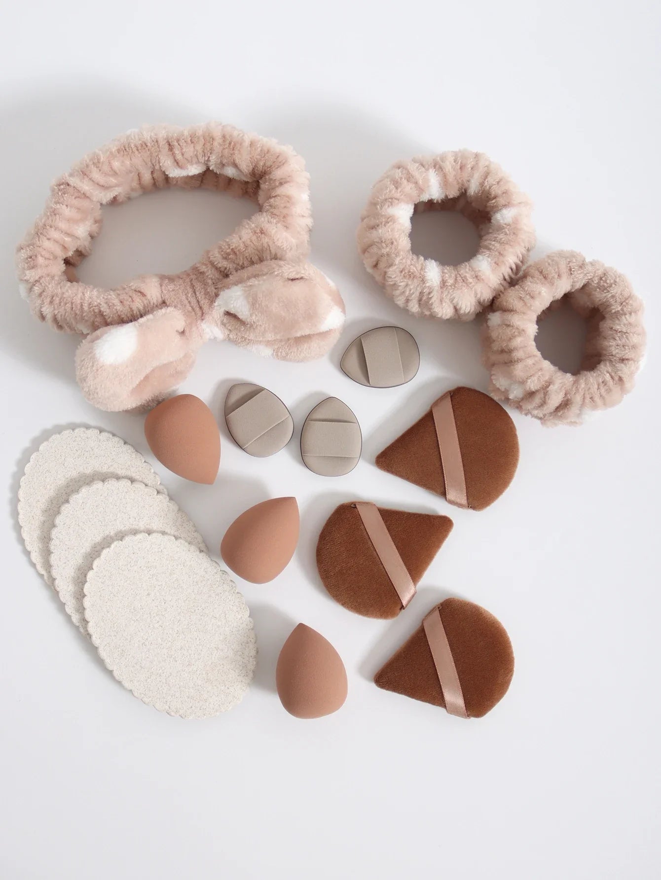 15Pcs Multi-Colored Fluffy Headband & Makeup Sponge Set - Sweet Style Beauty Essentials