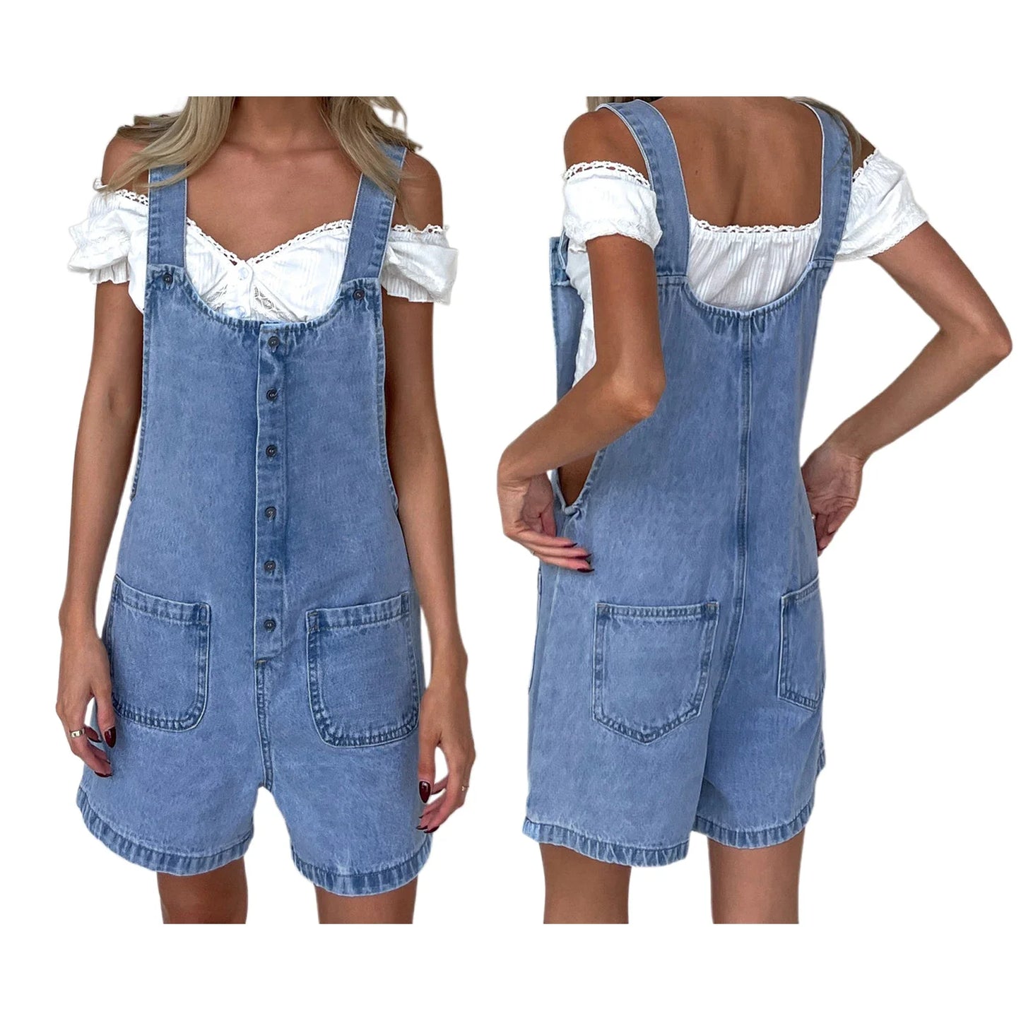 Women's Denim Bib Overall Shorts - Button Front Wide Leg Jean Jumpsuit with Pockets