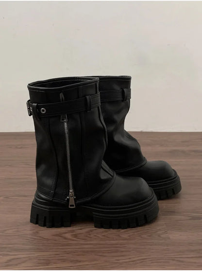 Women’s Winter Biker Boots – Fashion Belt Buckle Platform Short Booties, Casual Knight-Style Flats