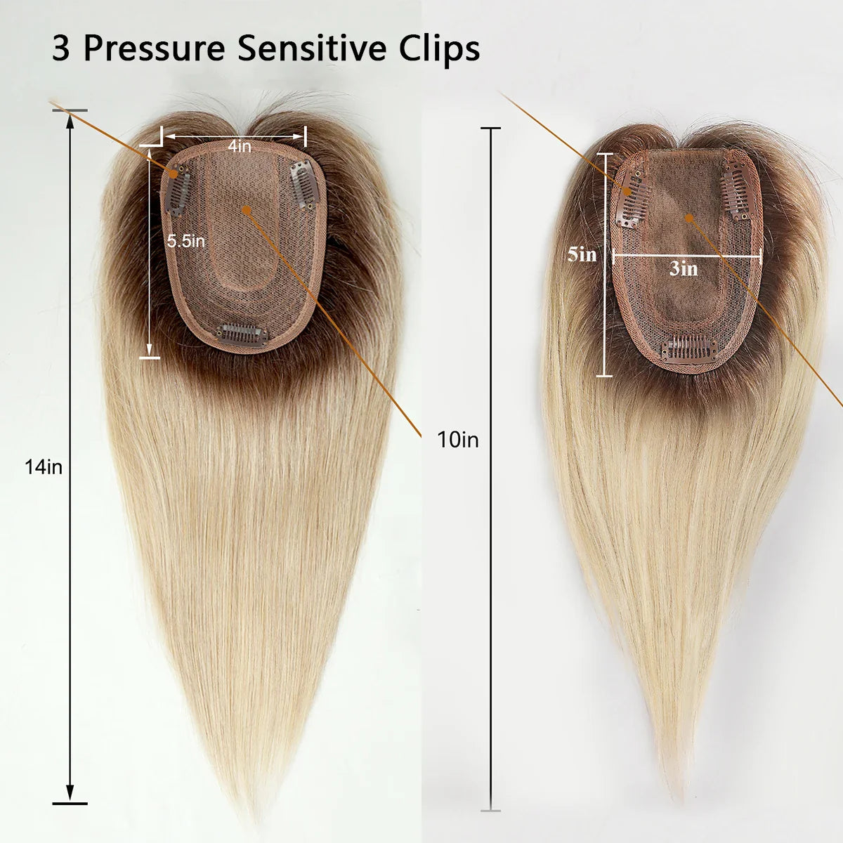 Brown Blonde Ombre Human Hair Toppers for Women – 10/12/14 Inches with Silk Base, Clips, and Bangs