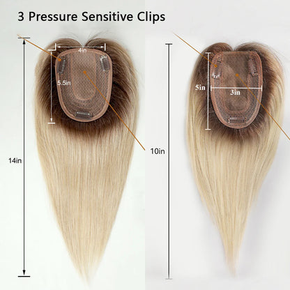 Brown Blonde Ombre Human Hair Toppers for Women – 10/12/14 Inches with Silk Base, Clips, and Bangs