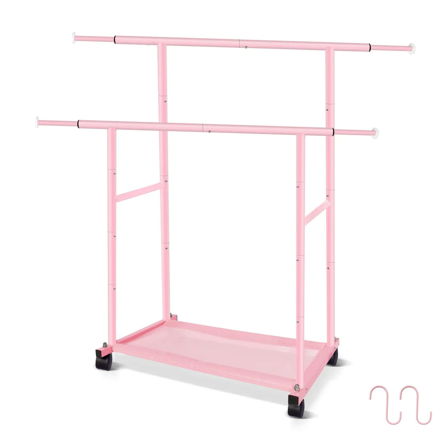 Pink Twin-Pole Rolling Clothes Rack with Net Shelf – Cute Metal Garment Rack, Strong Load-Bearing Storage