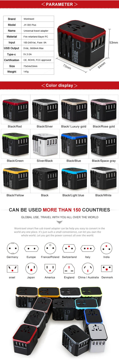 Melery Travel Smart Adapter – International Wall Plug with USB Type-C Charger for US, EU, UK, AU Compatible with iPhone, iPad & Android