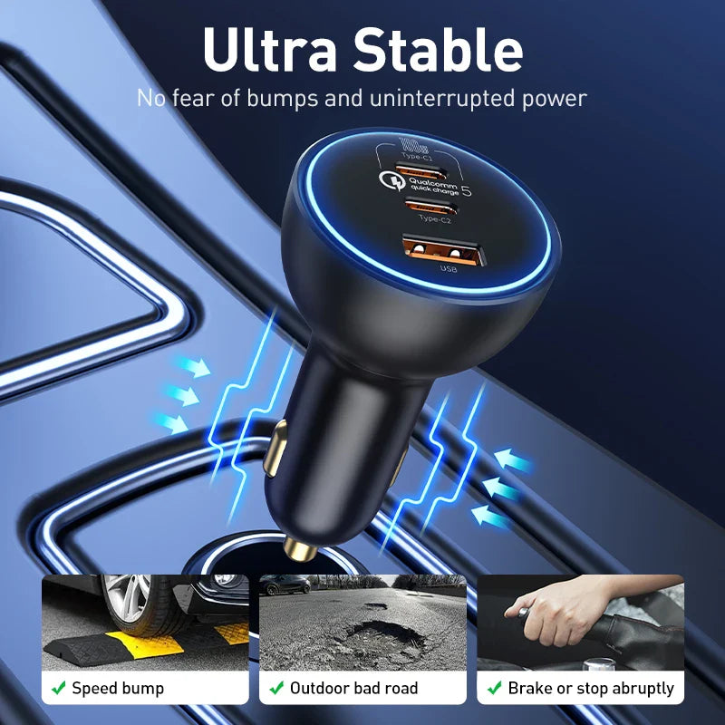 Baseus 160W Car Charger – QC 5.0 Fast Charging PPS PD 3.0 USB-C Multi-Port Car Charger for iPhone 15/14/13 Pro, Laptops & Tablets Quick Charge Adapter