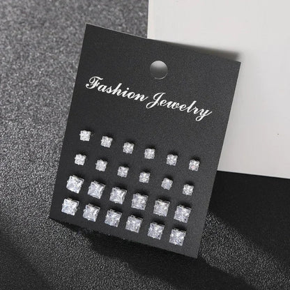 12 Pairs Square Zircon Earrings Set for Men & Women – Fashionable Simple Daily Wear Jewelry Collection, Elegant Gift Accessory Set