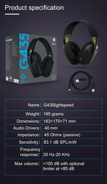 Logitech G435 LIGHTSPEED Bluetooth Wireless Gaming Headset – Over-Ear Surround Sound Headphones for PC, Laptop, Games & Music