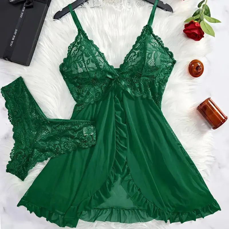 Women’s Lingerie Set — Plus Size Lace Nightgown, Thong & Suspender Sexy Sleepwear