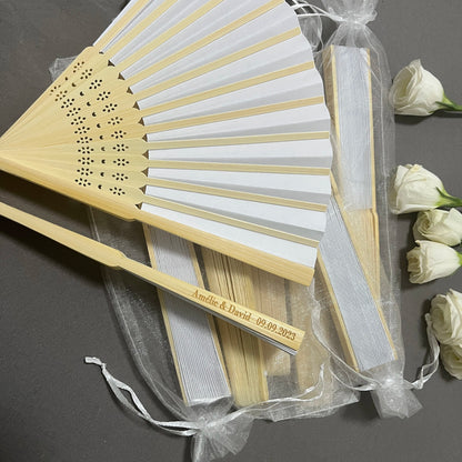 20/50/80 Personalized Engraved White Folding Paper Fans - Elegant Wedding Party Fan with Gift Bag & Organza