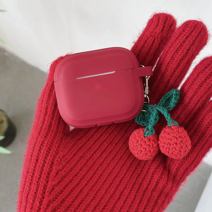 Knitted Red Cherry Pendant Soft Silicone Earphone Case for AirPods Pro 2 & AirPods 1/2/3/4 — Protective Cover with Keychain
