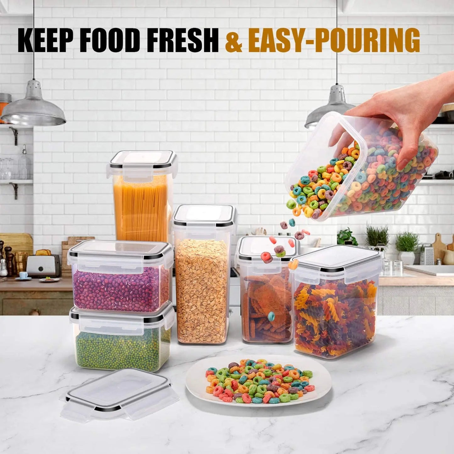 7PCS Food Storage Container Set - BPA Free Airtight Plastic Kitchen Boxes with Labels & Marker Pen