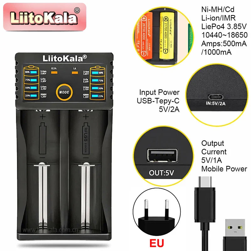 LiitoKala Lii-202 Battery Charger – Multi-Voltage 1.2V/3.7V Charging for 18650, 21700, 20700, 26650, 14500, 16340 NiMH & Li-Ion Batteries