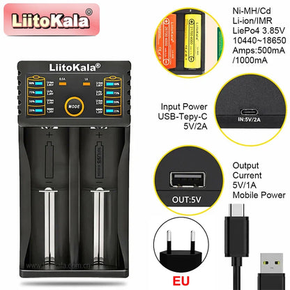 LiitoKala Lii-202 Battery Charger – Multi-Voltage 1.2V/3.7V Charging for 18650, 21700, 20700, 26650, 14500, 16340 NiMH & Li-Ion Batteries