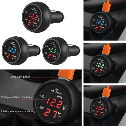 3-in-1 Car Charger & Voltmeter – 12/24V USB Charger with Thermometer, LED Digital Display & Current/Volt Detector