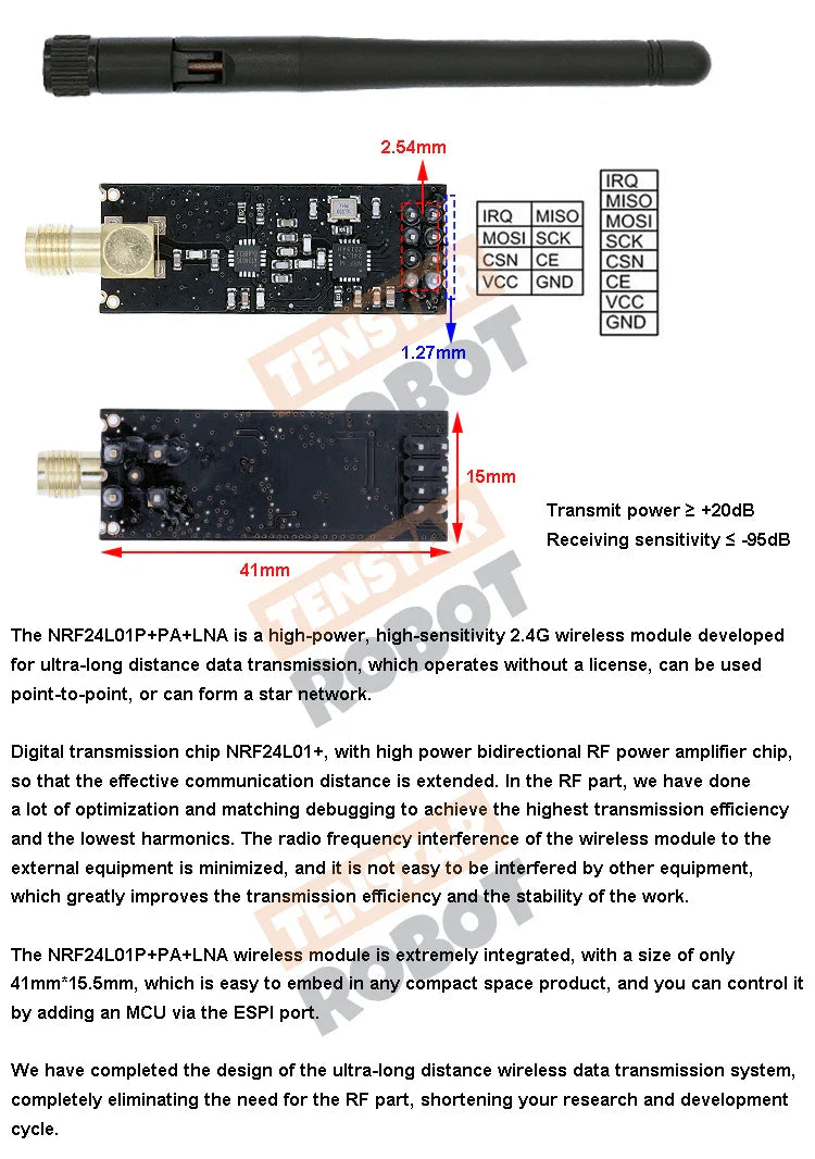 NRF24L01+PA+LNA 2.4GHz Wireless Module — Long-Distance 1100m Transmission with Antenna