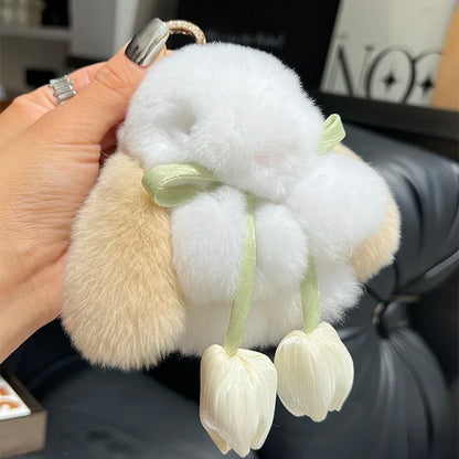 Cute Real Rex Rabbit Fur Keychain – Mini Bunny Pendant Bag Charm & Car Key Ring Plush Toy Gift for Women