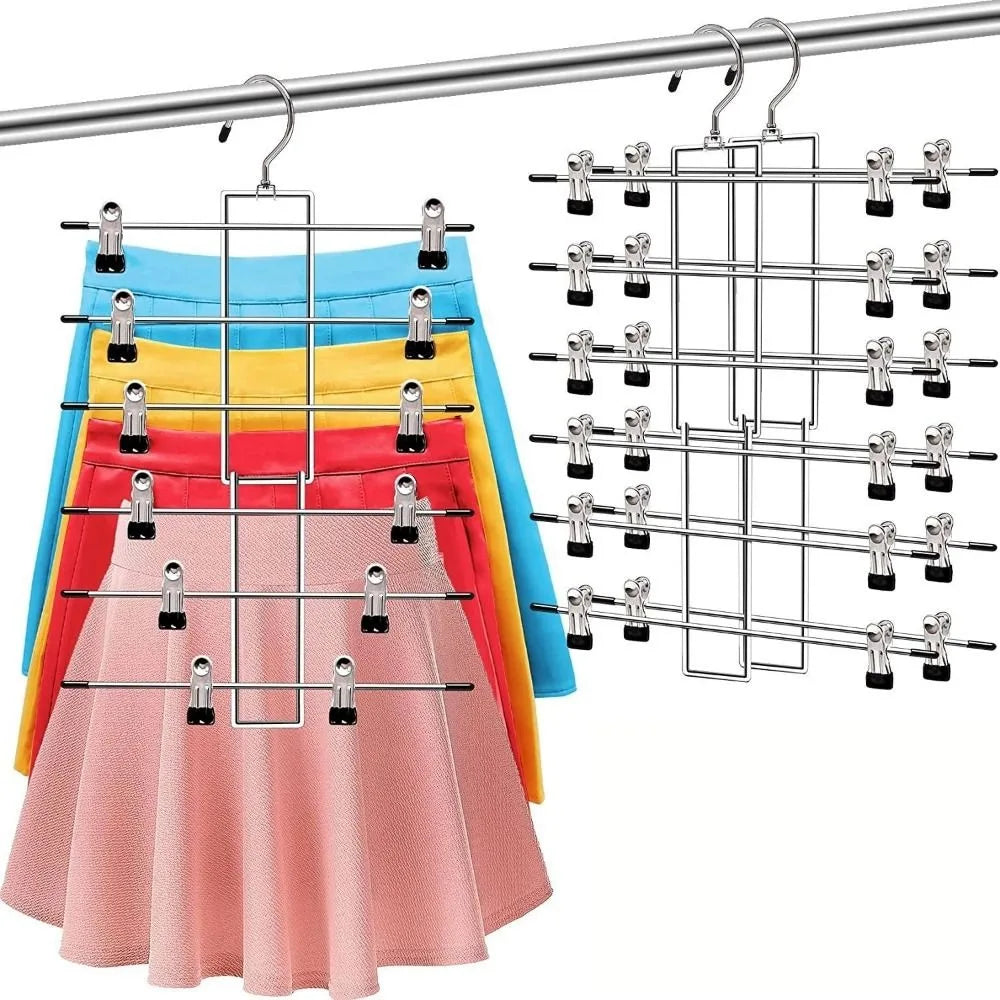 6-Layer Metal Clothes Hanger – Non-Slip Skirt & Trouser Rack with Clips for Clothing Storage
