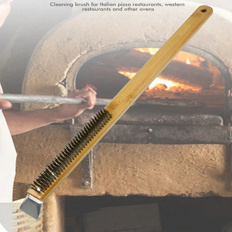 Kitchen Pizza Oven Copper Brush with Wood Handle - Bristle Brass Grill Cleaning Small Brush for Oven Cleaner