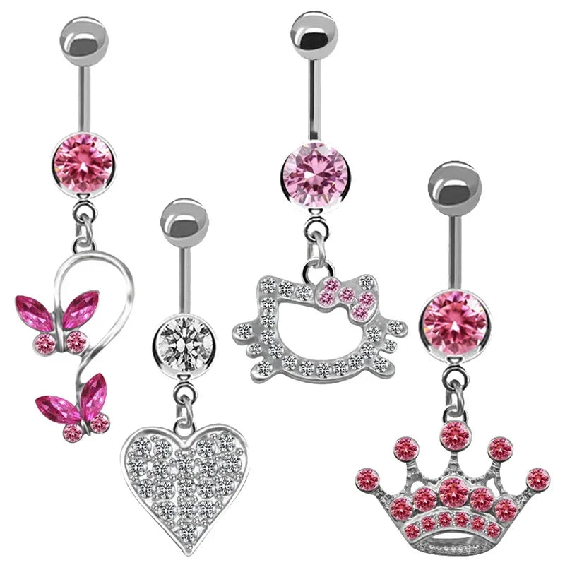 Sweet Butterfly Crown Heart Belly Button Ring – Pink & White Crystal Hello Kitty Dangle Navel Piercing Jewelry for Women