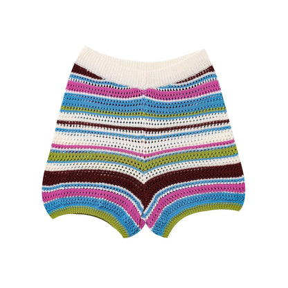 Women Y2K Patchwork Striped Crochet Knit Crop Sweater & Shorts Set – Hollow Out Short Sleeve Polo Collar Outfit