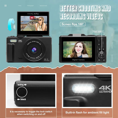 4K Digital Camera – 64MP Compact Photography & Vlogging Camera with 18X Digital Zoom, 3'' 180° Flip Screen & Flash