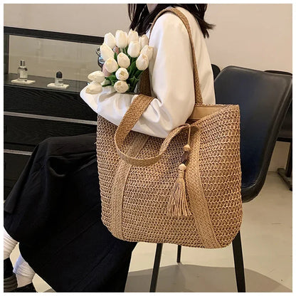 Elegant Straw Woven Handbag – Women’s Retro Beach & Casual Tote Top-Handle Shoulder Bag 2024