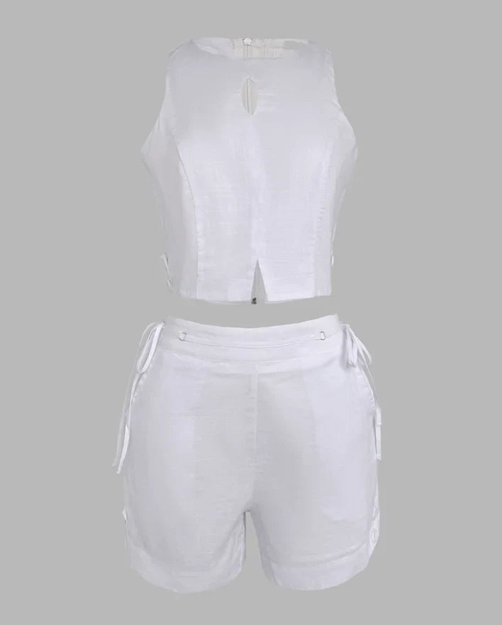 Women’s 2-Piece Summer Set 2025 – Halter Crop Tank & Lace-Up Drawstring Shorts, Sleeveless Casual Outfit