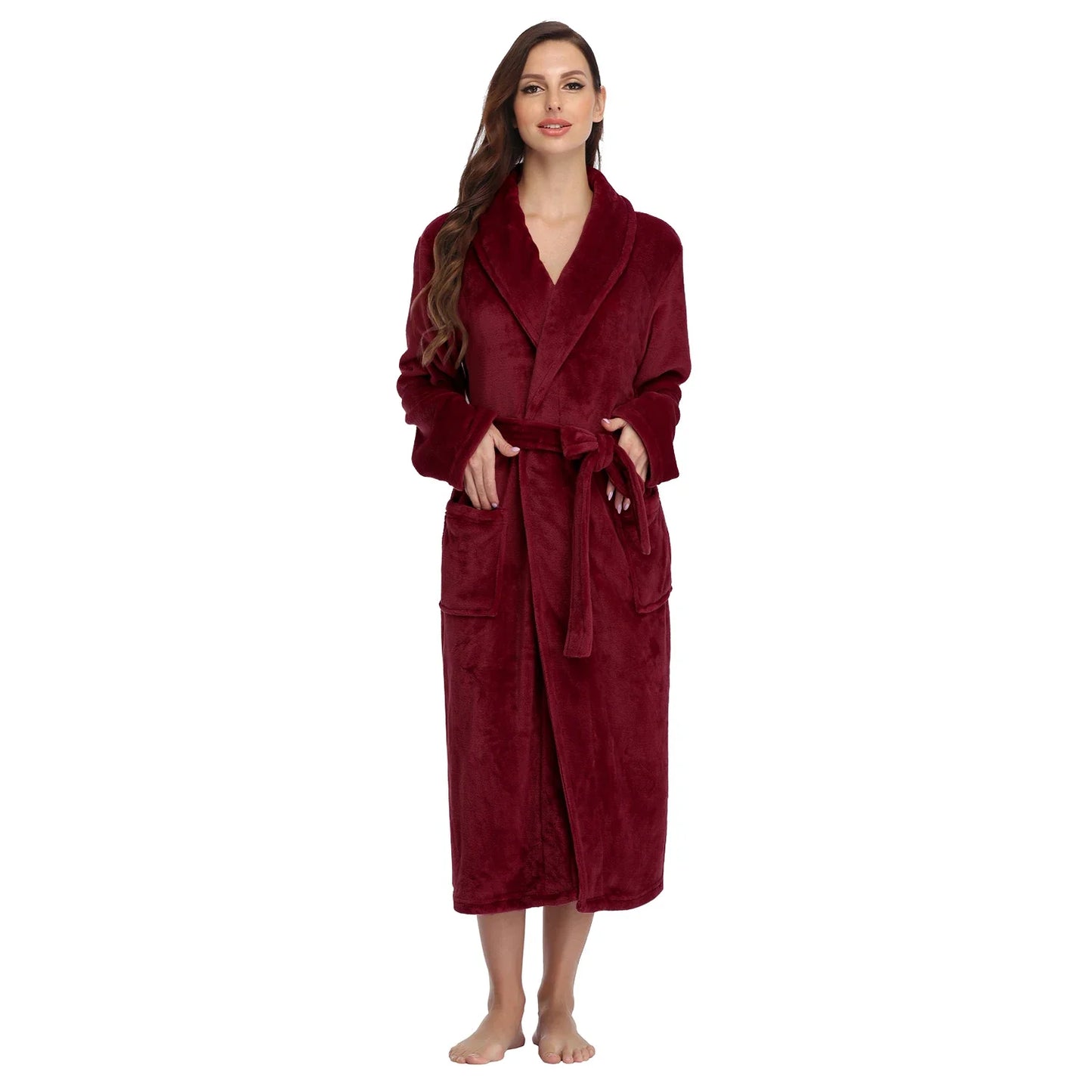 RONGTAI Women's Solid Color Lapel Bathrobe - Warm, Comfortable Long-Sleeved Robe for Autumn and Winter Homewear