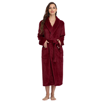 RONGTAI Women's Solid Color Lapel Bathrobe - Warm, Comfortable Long-Sleeved Robe for Autumn and Winter Homewear