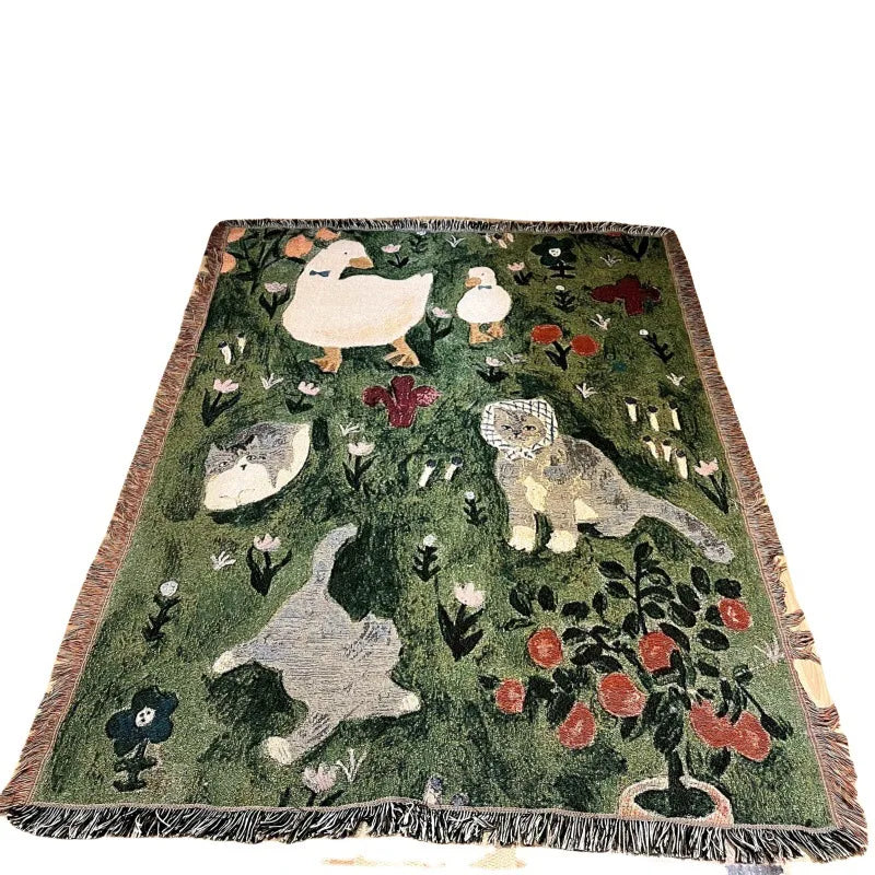 Animal Sofa Blanket Cover – European Village Cartoon Tapestry for Home Decor, Sofa, Bed & Camping