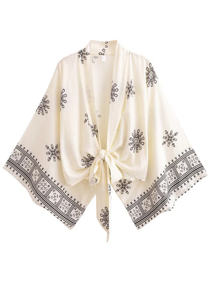 Vintage Boho Women Kimono Cover Up – Floral Print Batwing Sleeve Short Robe for Swimwear, Bikini Beachwear & Resort Outfit
