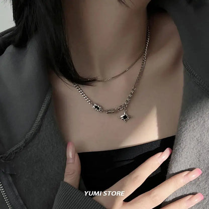 Hip Hop Zircon Star Double Layer Necklace - Titanium Steel Pendant Chain for Men & Women, Unisex Trendy Jewelry
