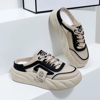 Women’s Mesh Half-Back Shoes 2024 – Thick-Soled, Round Toe Casual Sneakers, Spring Fashion Niche Footwear