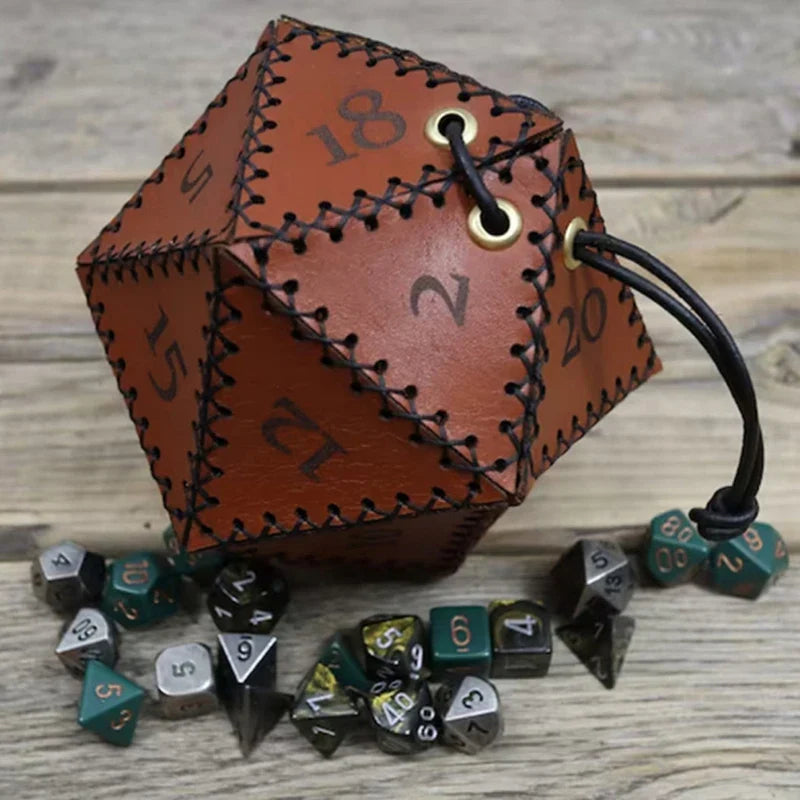 New D20 Dice Bag - Polygonal Leather Storage Box with Reinforced Drawstring for Daily Use & Gift