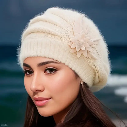 Women’s Winter Flower Beret – Thick Knitted Wool Hat, Warm Autumn & Winter Mom Hat