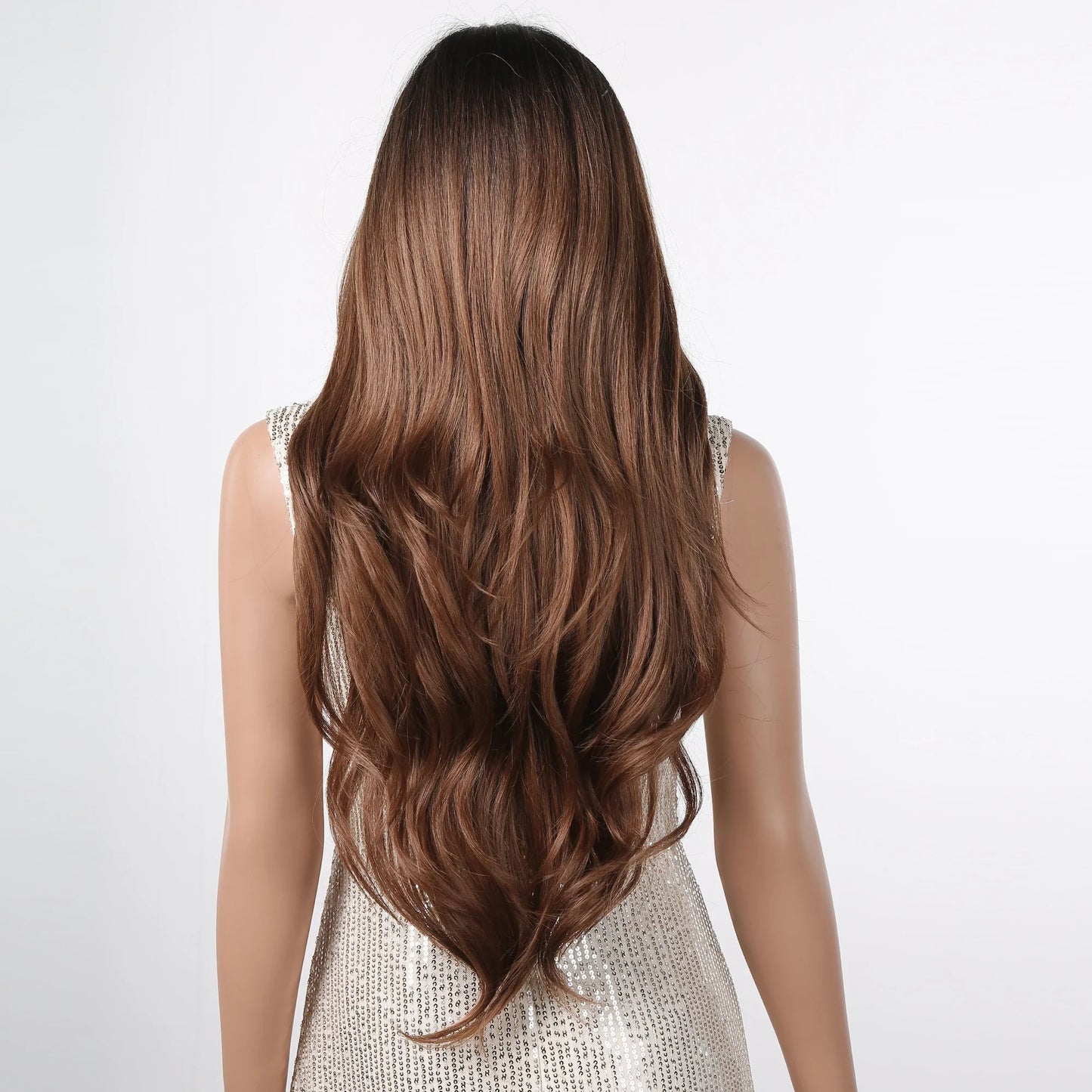Ombre Honey Brown Long Synthetic Wig with Bangs — Wavy, Realistic, Soft, Heat-Resistant Hair for Daily & Party