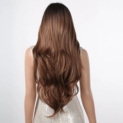Ombre Honey Brown Long Synthetic Wig with Bangs — Wavy, Realistic, Soft, Heat-Resistant Hair for Daily & Party