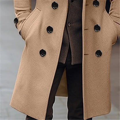 Men’s Autumn Winter Wool Coat – Double-Breasted Long Trench, Business Casual England-Style Wool Blend Jacket
