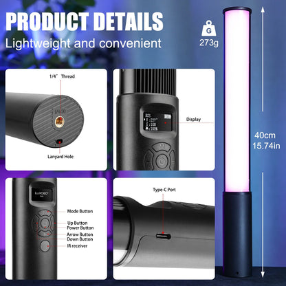LUXCEO P400 RGB LED Light Wand for Photography & Video – CRI95+ Handheld Studio Tube Lamp 2500K-6500K for Vlogging & Content Creation