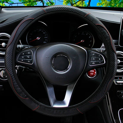 PU Carbon Fiber Leather Steering Wheel Cover — No Inner Ring, Fits 14.5-15 Inch Cars