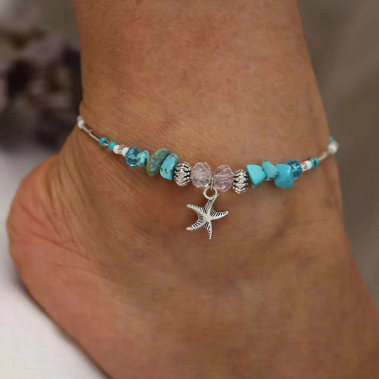 Beach Bead Anklet for Women – Retro Fashion Beaded Stone Pendant Ankle Chain Summer Beach Jewelry Boho Style Anklet for Girls