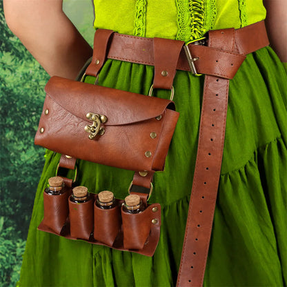 Renaissance Leather Cosplay Belt – Medieval Wizard Waist Bag with Alchemy Bottle, Cork Stopper & Copper Coin
