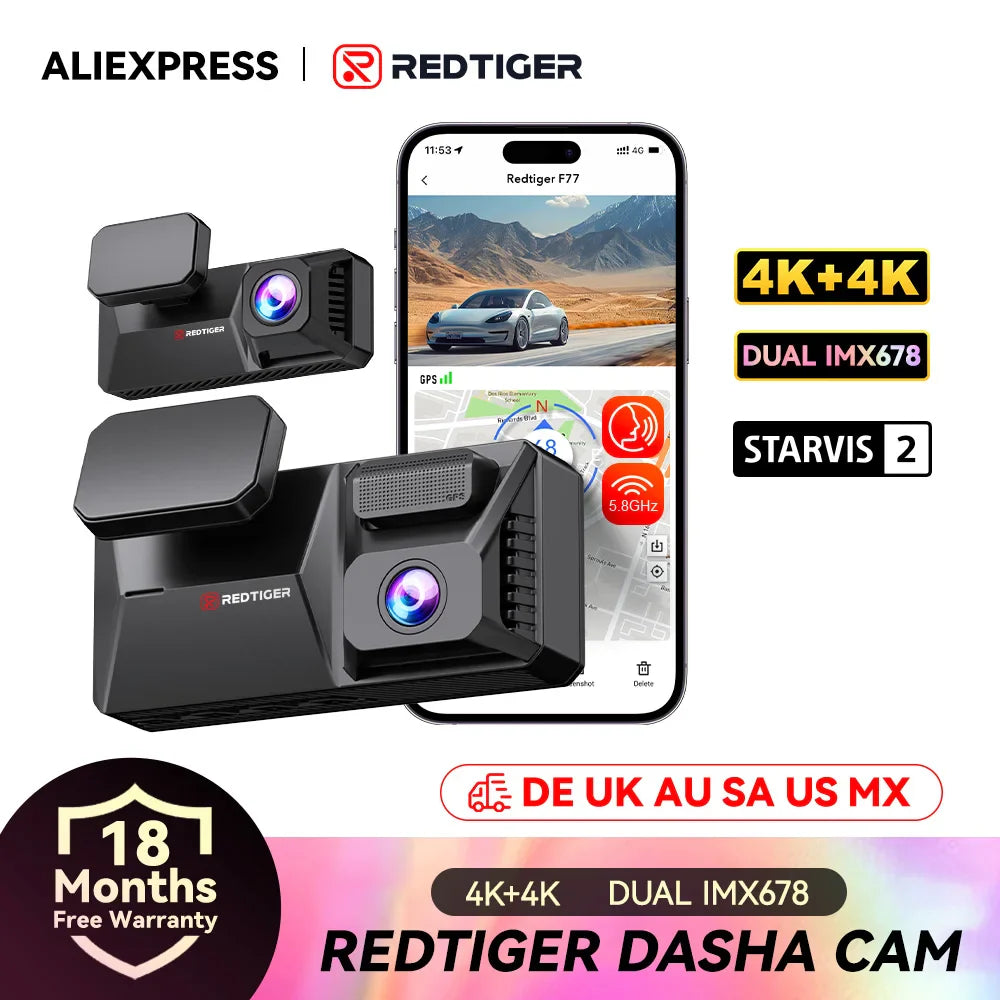 REDTIGER F77 Dashcam – Front and Rear 4K+4K HDR, Sony STARVIS 2 Super Night Vision, Voice Control, 5.8GHz WiFi Dual Dash Cam