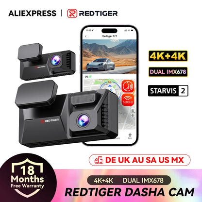 REDTIGER F77 Dashcam – Front and Rear 4K+4K HDR, Sony STARVIS 2 Super Night Vision, Voice Control, 5.8GHz WiFi Dual Dash Cam